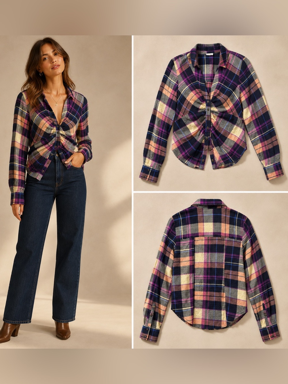 Pilcro Anthropologie Ruched Deep V Plaid Buttondown Top Purple XS